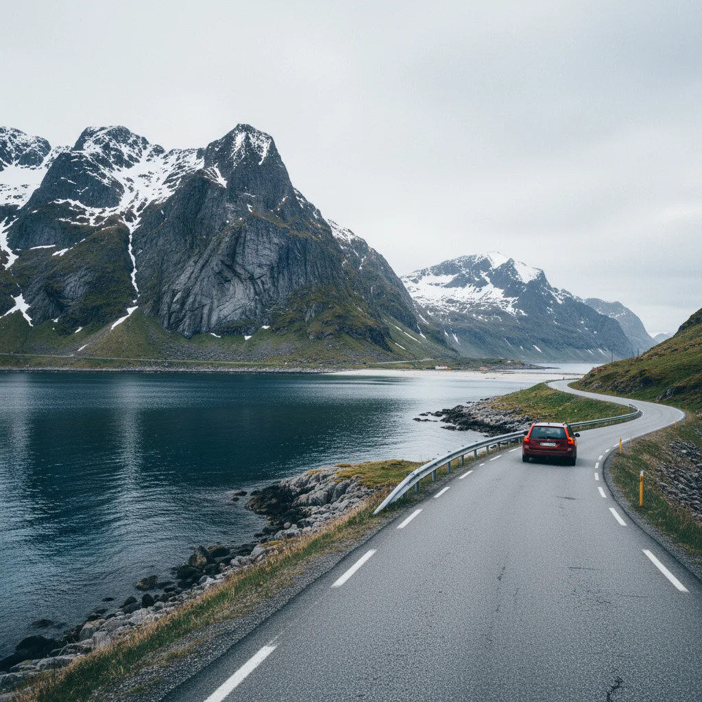 Die E10 auf Flakstadøy mit Blick auf Berge und Meer