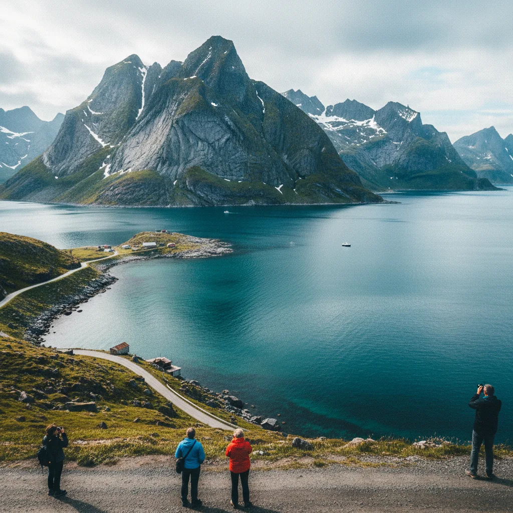 Panoramablick über Flakstadøy mit Bergen und türkisfarbenem Meer
