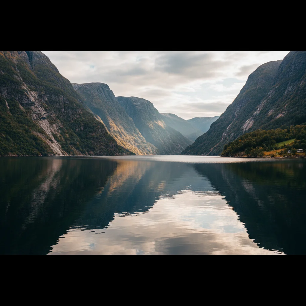 Panoramablick über den Aurlandsfjord bei Flam mit spiegelglattem Wasser