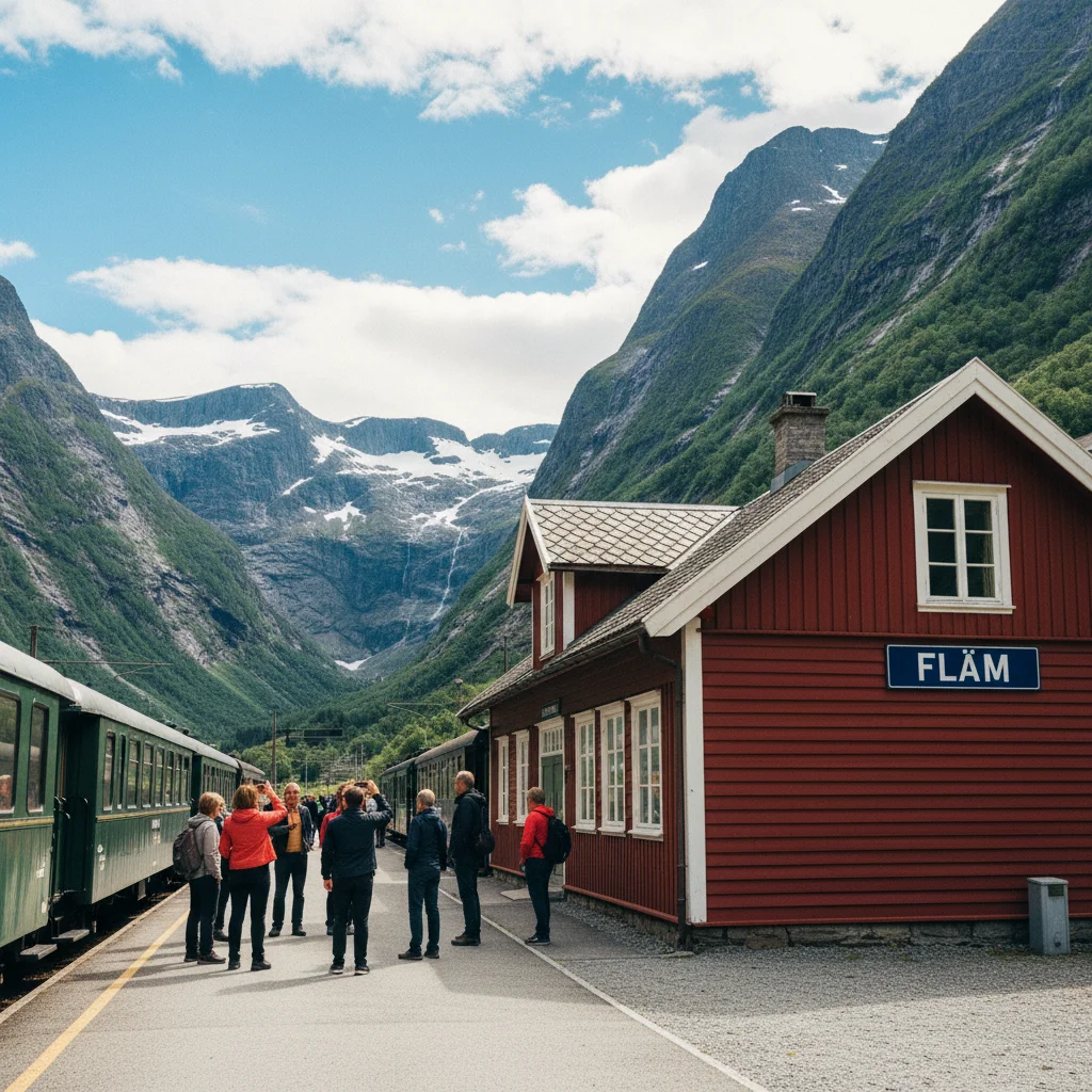 Der Bahnhof von Flam in Norwegen mit Blick auf die umliegenden Berge