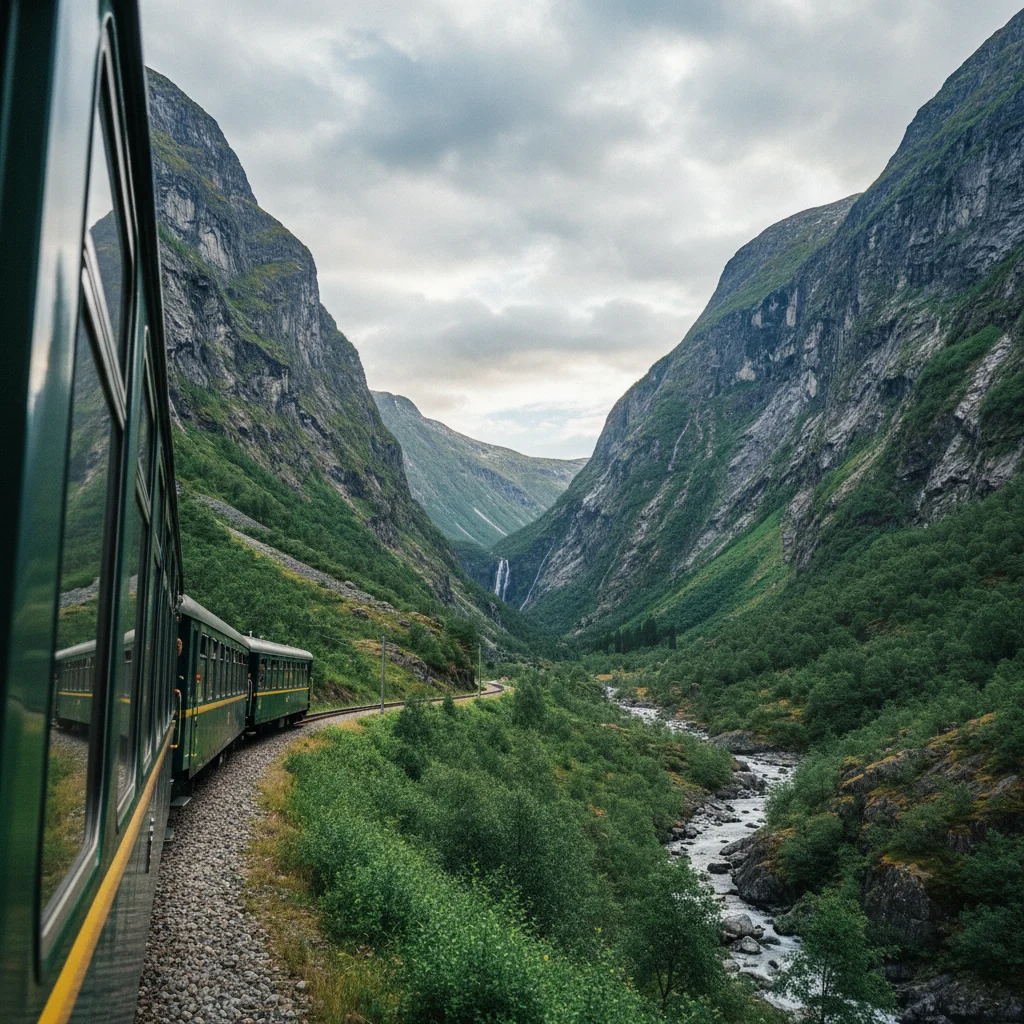 Die Flamsbahn fährt durch das grüne Flamsdalen mit steilen Bergwänden