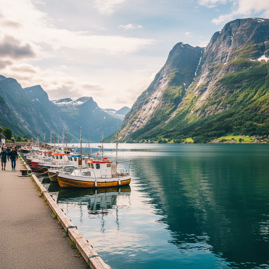 Der Hafen von Flam mit Booten und Blick auf den Fjord