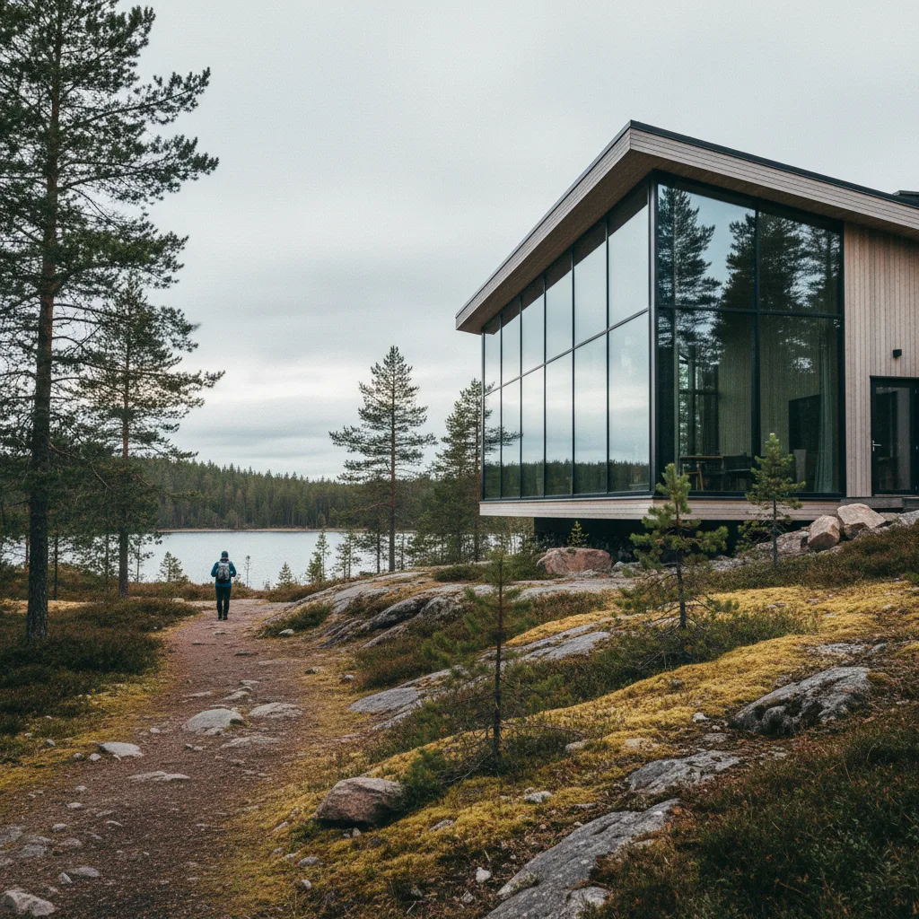Modernes Designhotel in skandinavischer Natur mit großer Glasfront
