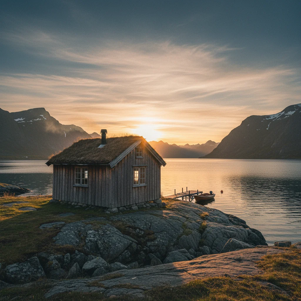 Abgelegene Holzhütte an einem norwegischen Fjord bei Sonnenuntergang