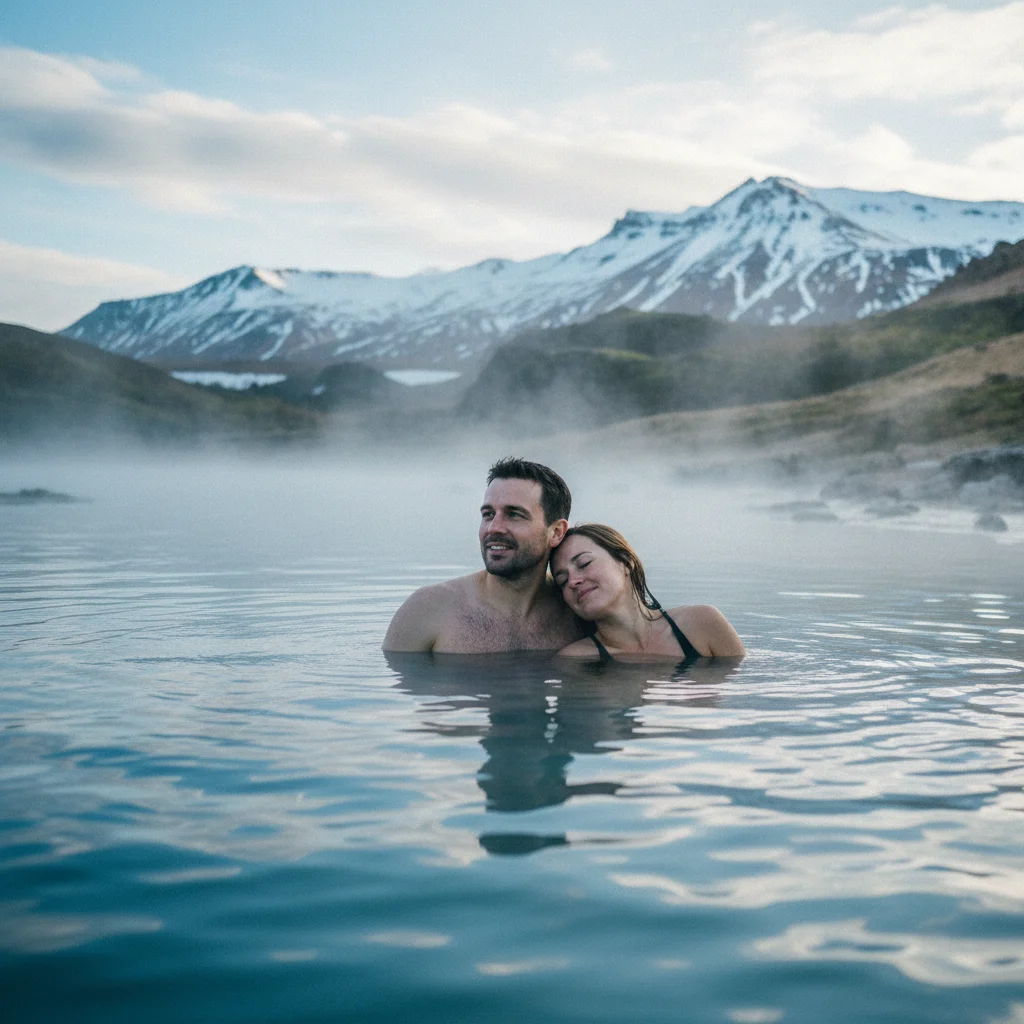 Paar badet in einer natürlichen heißen Quelle in Island mit Bergpanorama