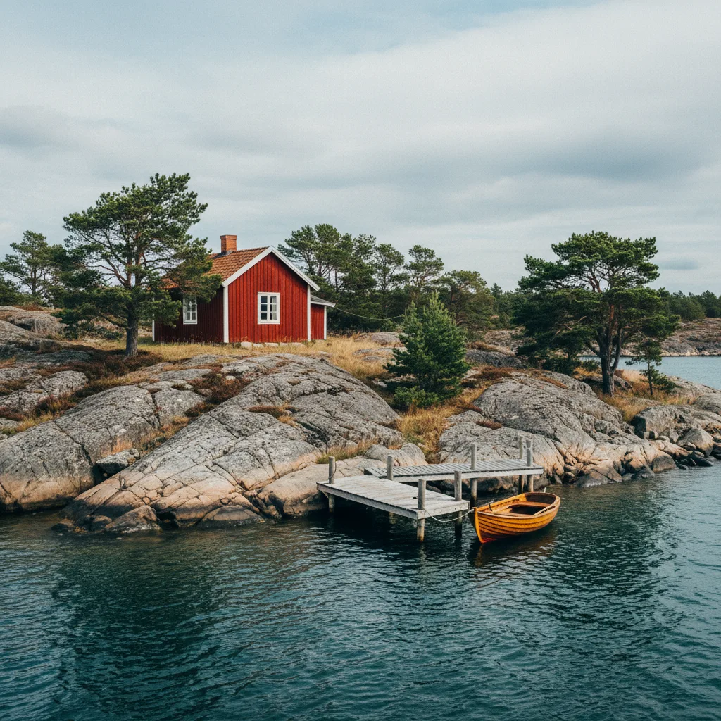 Rotes Holzhaus auf einer schwedischen Schäreninsel mit Bootssteg