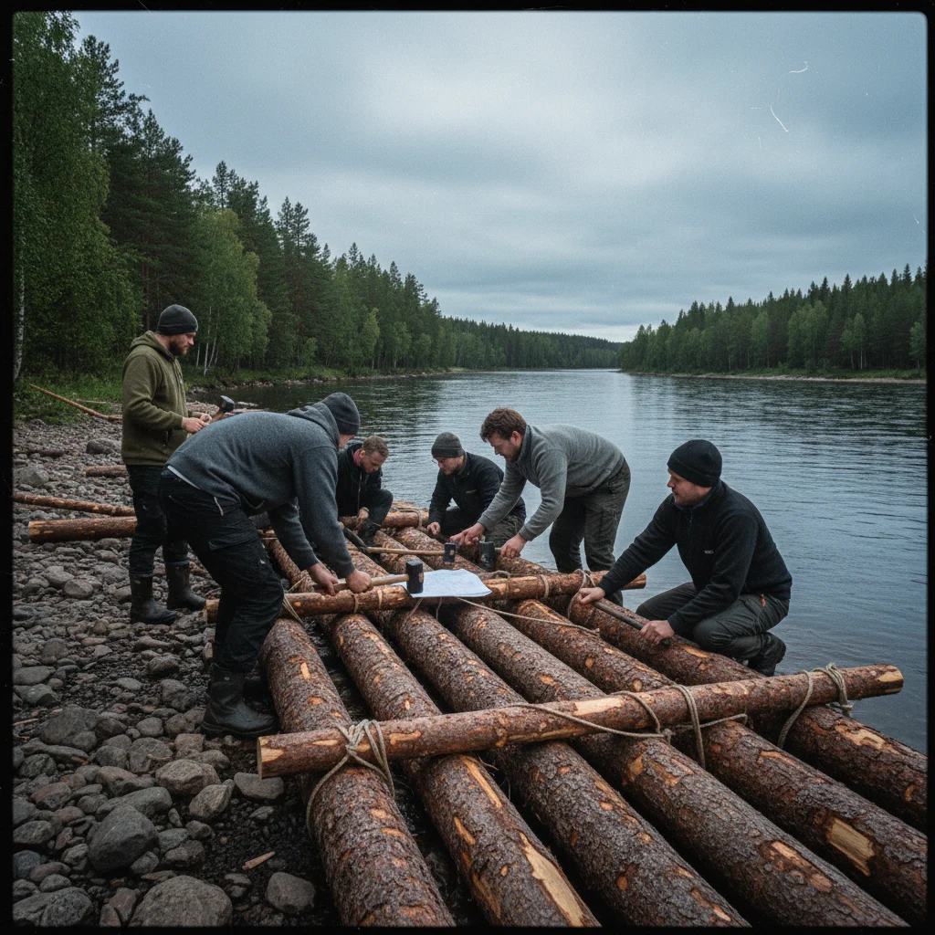 Gruppe baut ein Floß aus Kiefernstämmen am Ufer des Klarälven in Schweden