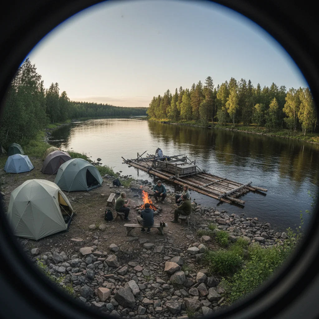 Zeltlager am Ufer des Klarälven mit Feuerstelle und Floß im Hintergrund