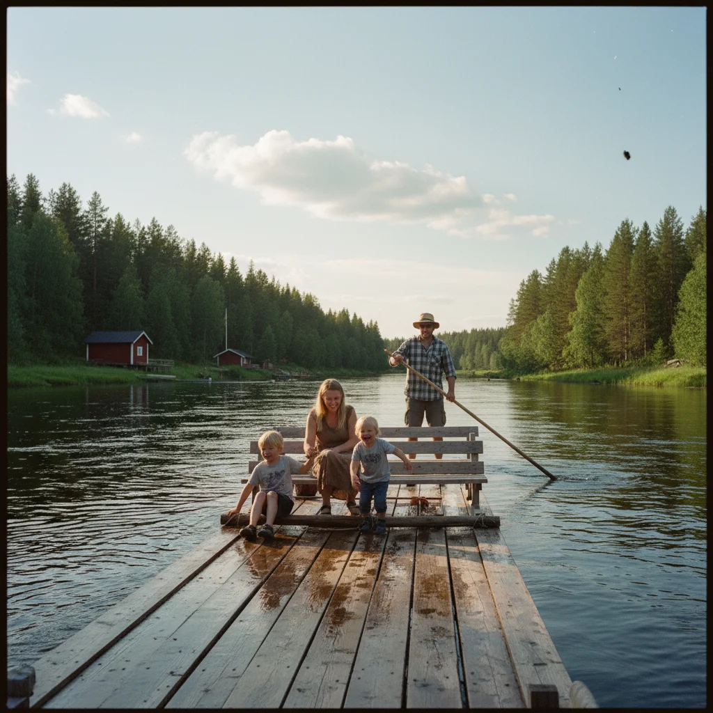 Familie mit Kindern auf einem Holzfloß auf dem Klarälven bei Sonnenschein