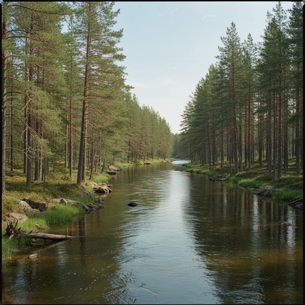 Der Klarälven fließt ruhig durch dichten Kiefernwald in Värmland Schweden