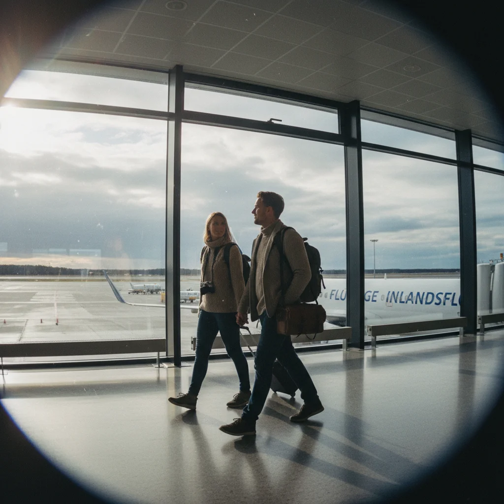 Kleines Propellerflugzeug über norwegischer Küstenlandschaft