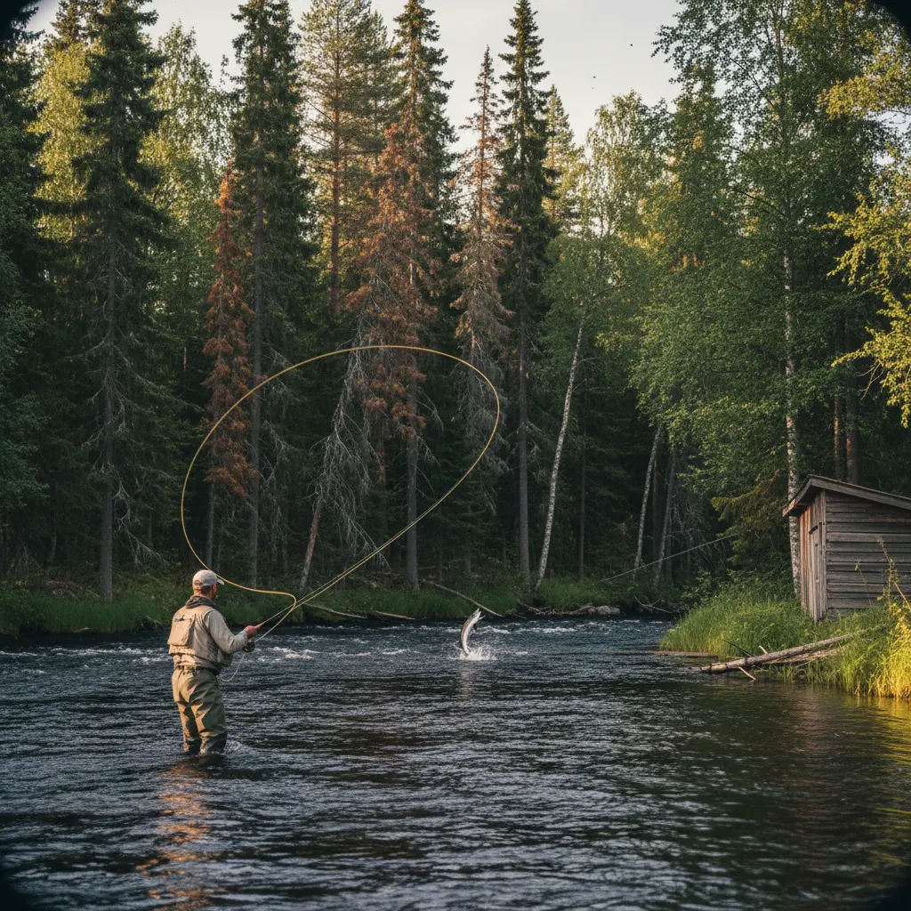 Angler beim Fliegenfischen in einem klaren schwedischen Fluss mit Wald im Hintergrund