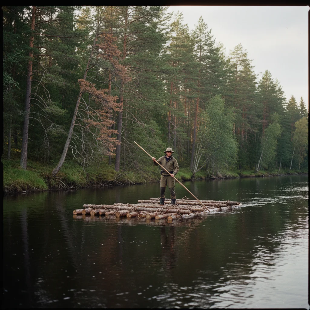 Selbstgebautes Holzfloß auf dem Klarälven in Värmland mit Zelt und Lagerfeuer am Ufer