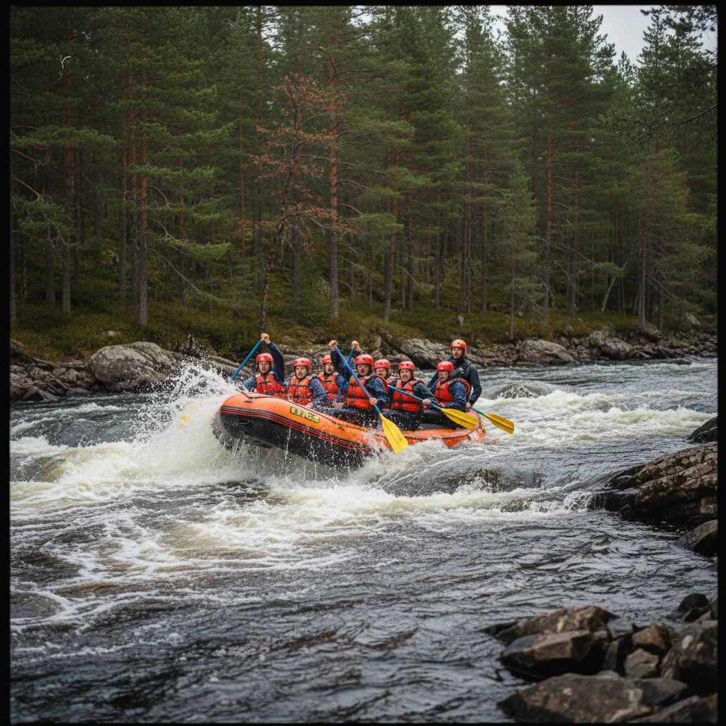 Gruppe beim Wildwasser-Rafting auf Stromschnellen eines schwedischen Flusses