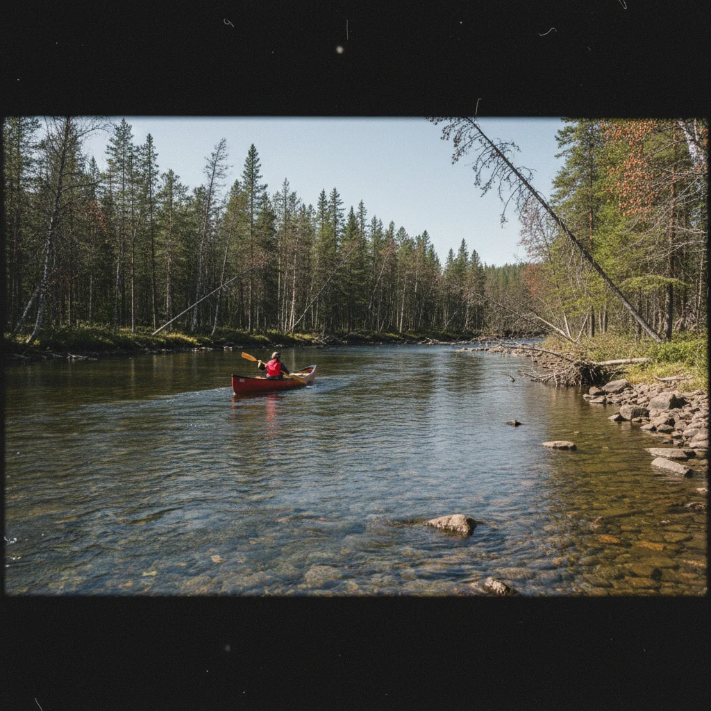 Kanufahrer auf dem Vindelälven in Nordschweden umgeben von Birken und Nadelwald