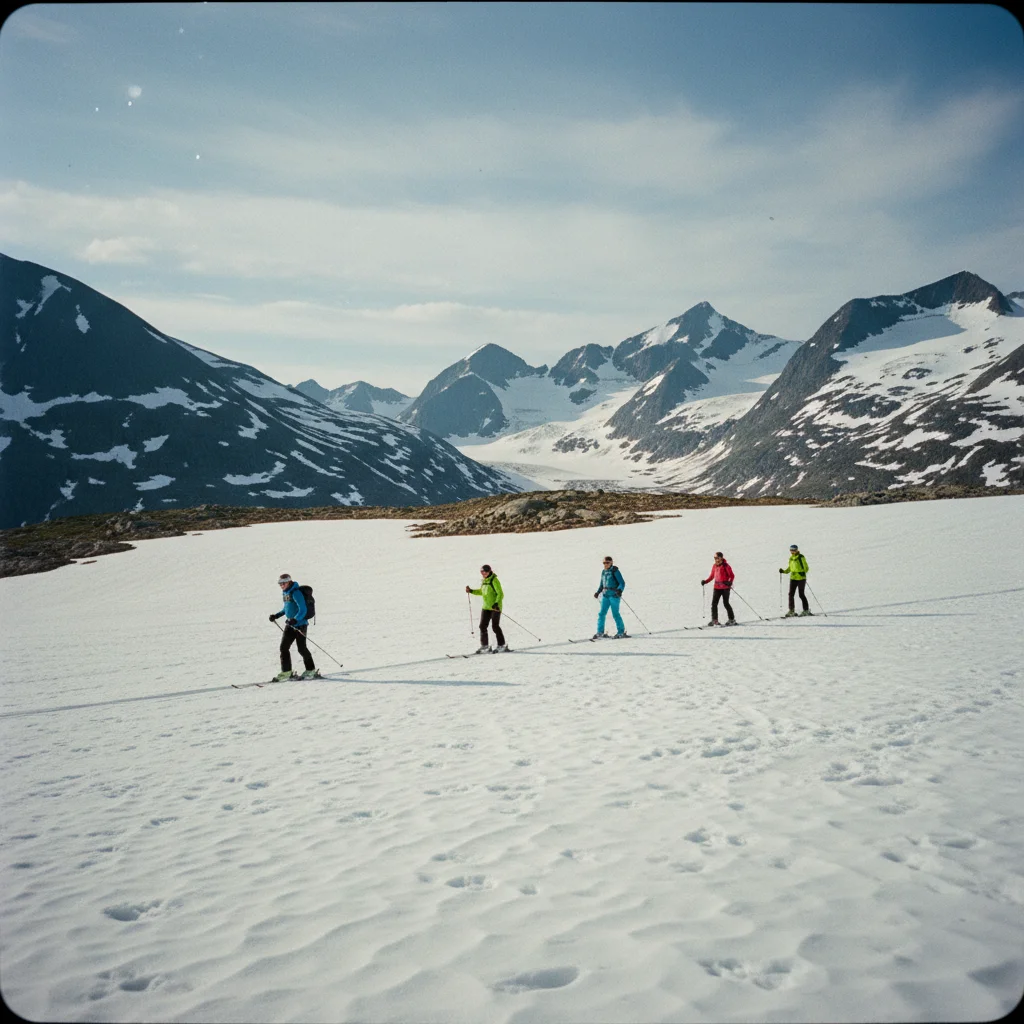 Skifahrer auf dem Folgefonna-Gletscher im Sommer