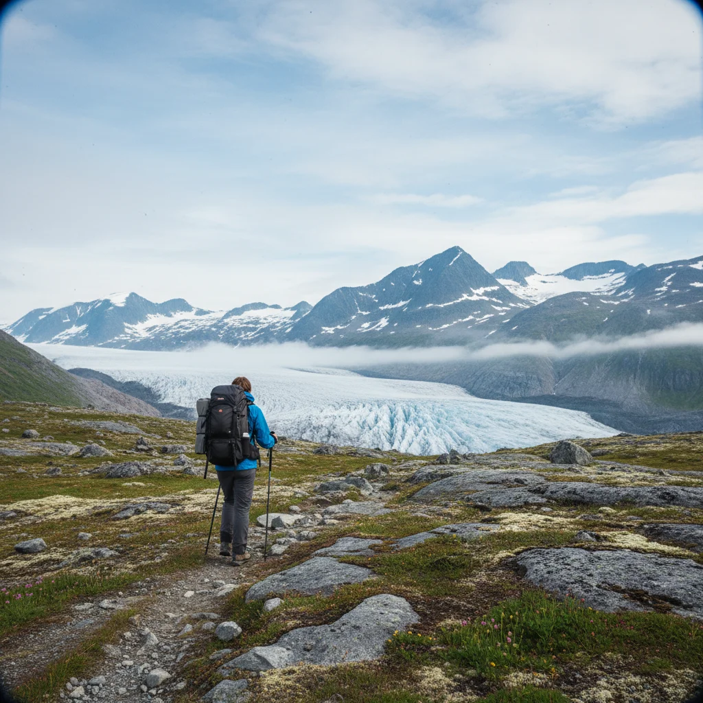 Wanderer mit Steigeisen auf dem Folgefonna-Gletscher