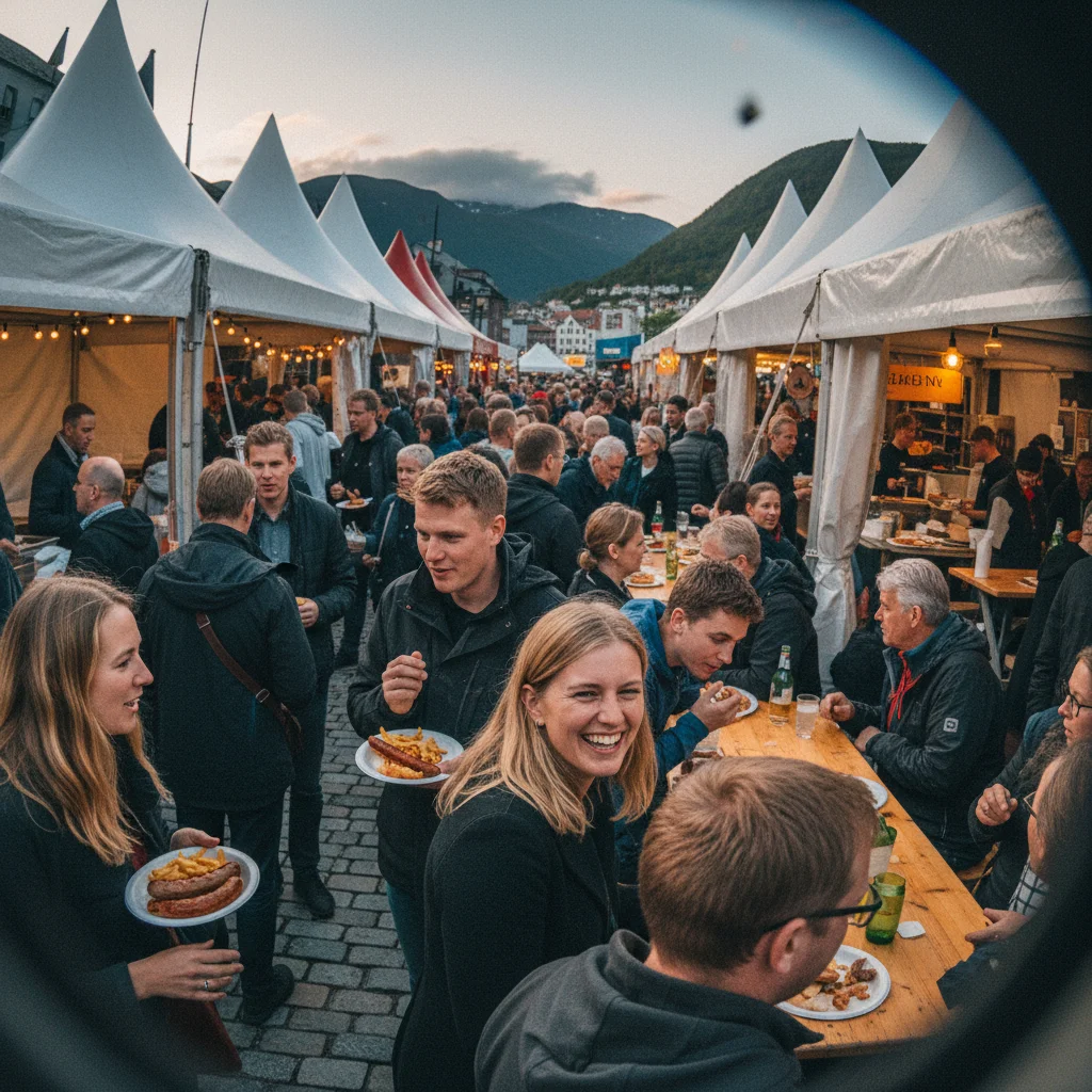 Bergen Matfestival am Fischmarkt mit Blick auf die historische Bryggen-Kulisse