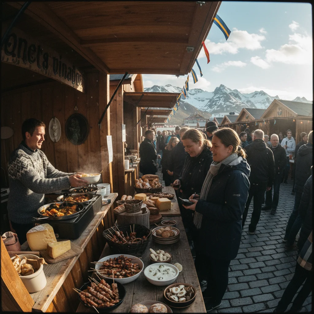 Food-Festival auf den Lofoten mit Fischständen vor der Bergkulisse