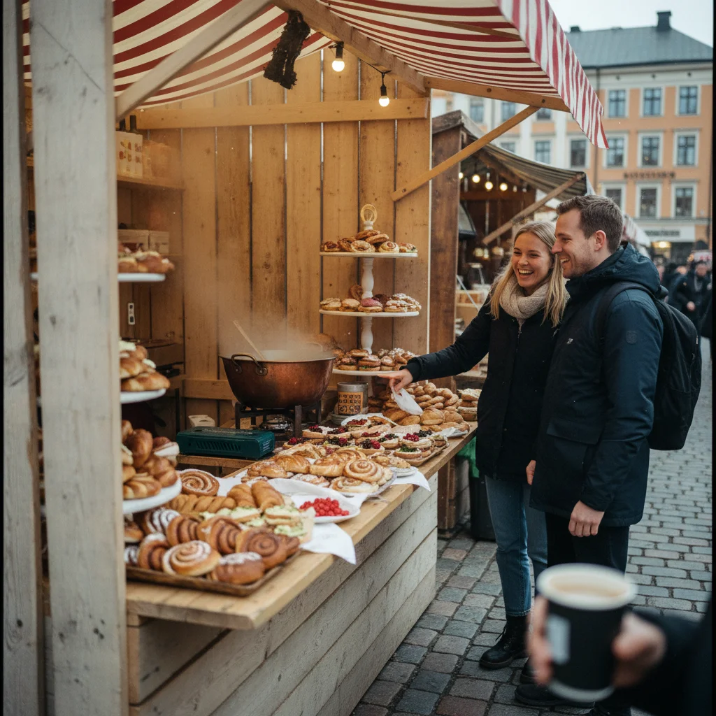 Nahaufnahme eines Food-Festival-Stands mit norwegischen Spezialitäten und handwerklichen Produkten