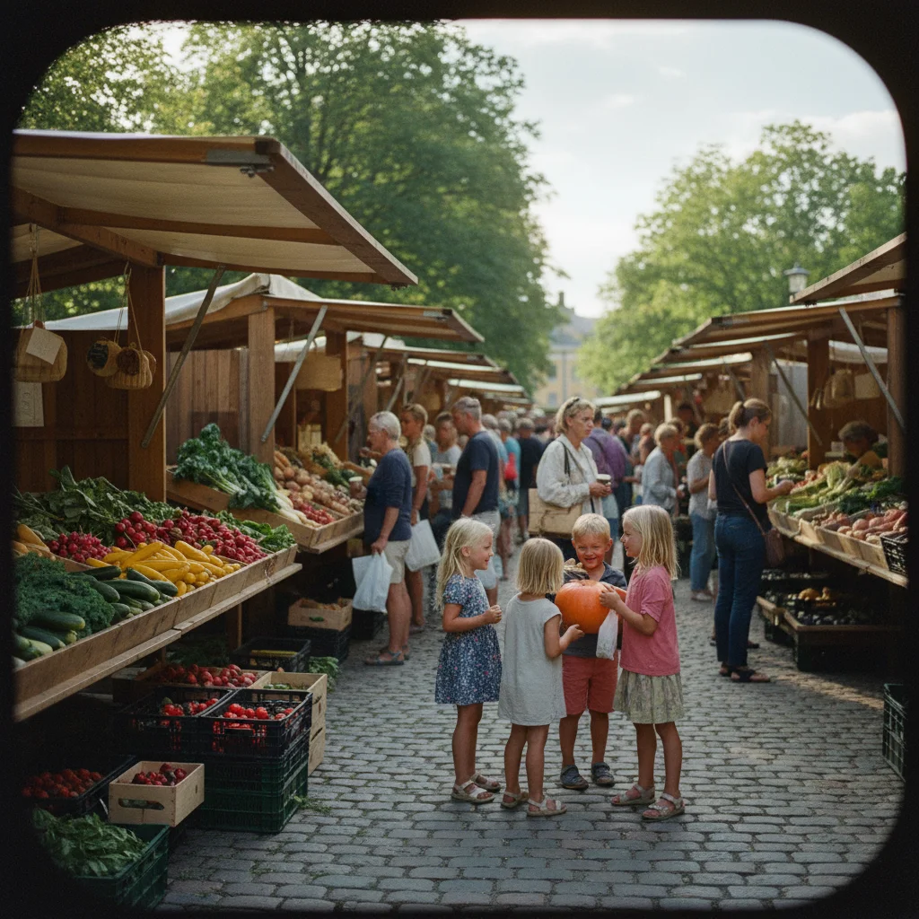 Schwedischer Bauernmarkt im Sommer mit Gemüseständen und Besuchern