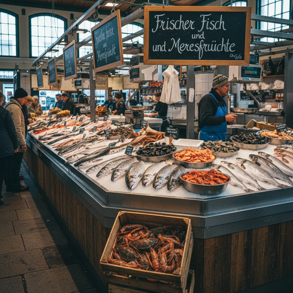 Frischer Fisch und Meeresfrüchte an einem Marktstand in einer nordischen Markthalle
