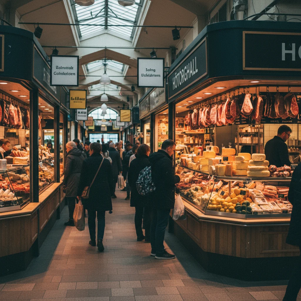 Lebendige Atmosphäre in der Hötorgshallen mit verschiedenen Food-Ständen