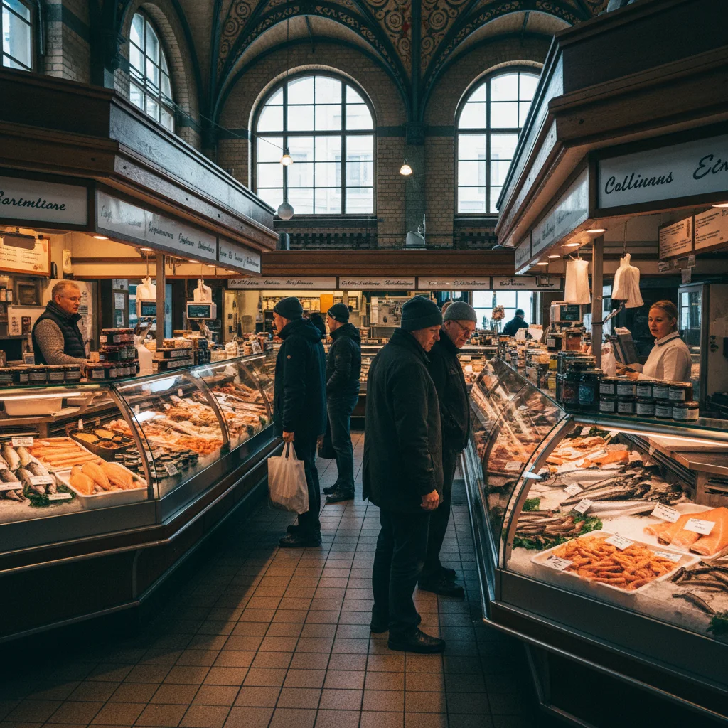 Innenansicht der Vanha Kauppahalli in Helsinki mit Fischständen und Besuchern