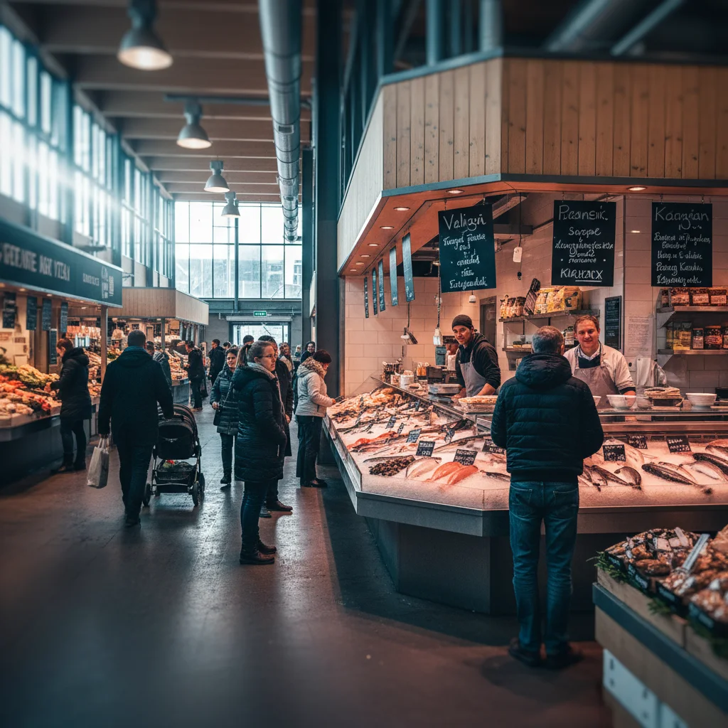 Innenansicht einer skandinavischen Markthalle mit Frischetheken, Fischständen und Besuchern