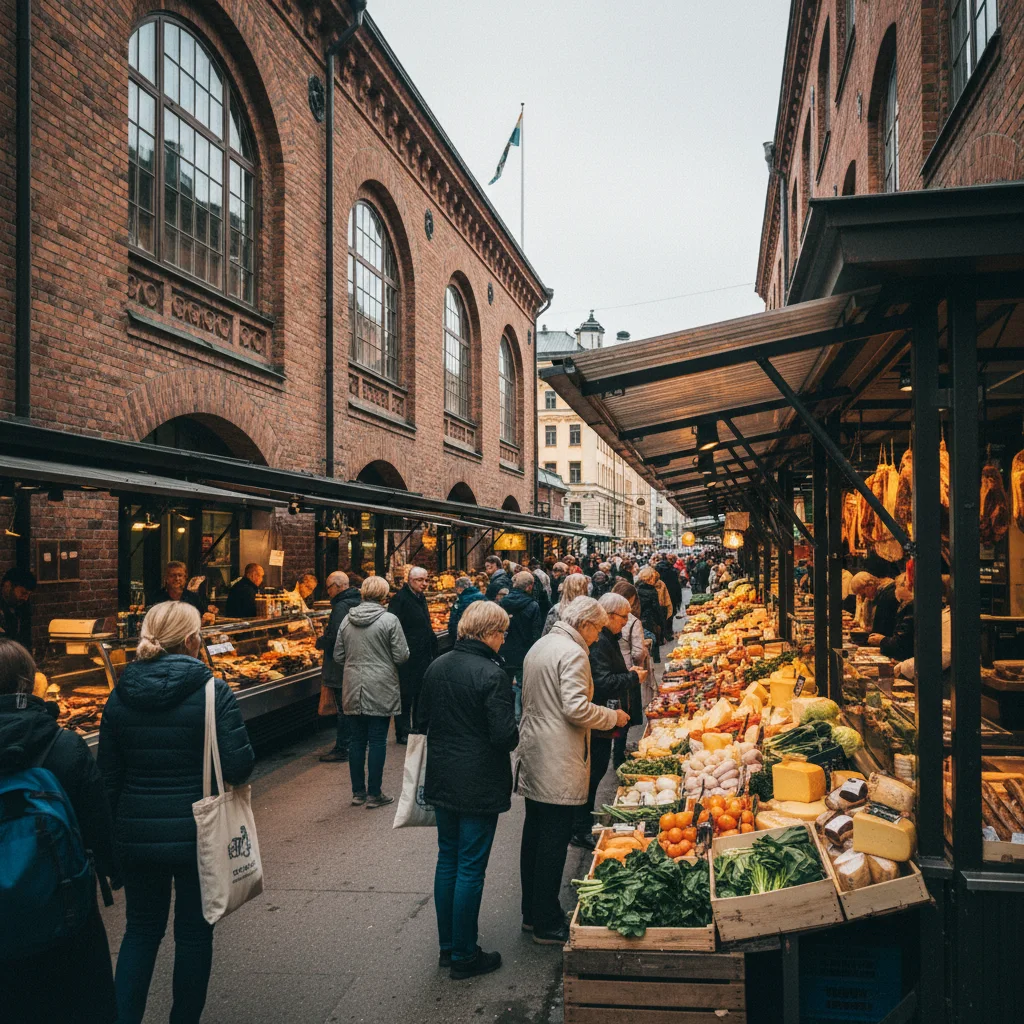 Historisches Backsteingebäude der Östermalms Saluhall in Stockholm mit Lebensmittelständen