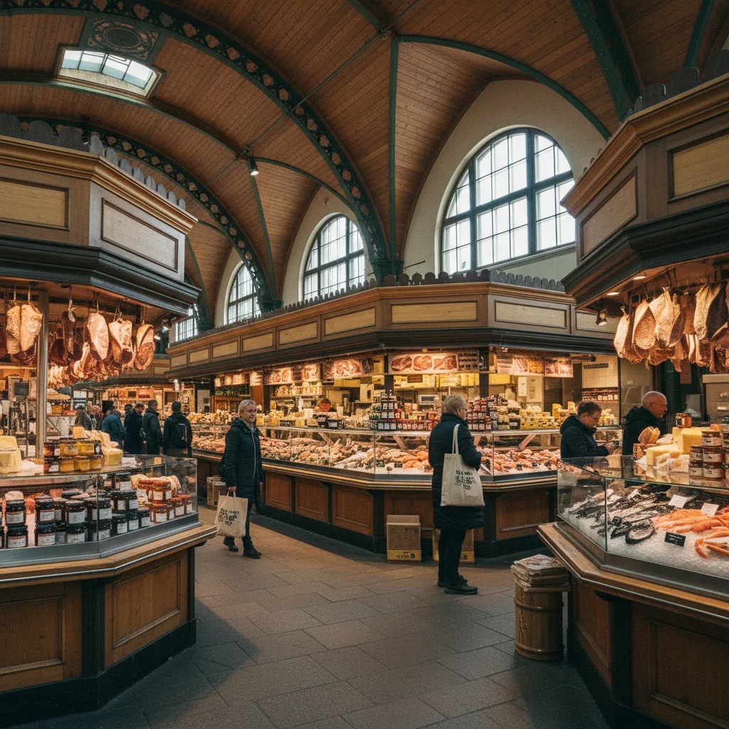 Innenansicht der Östermalms Saluhall in Stockholm mit Delikatessenständen