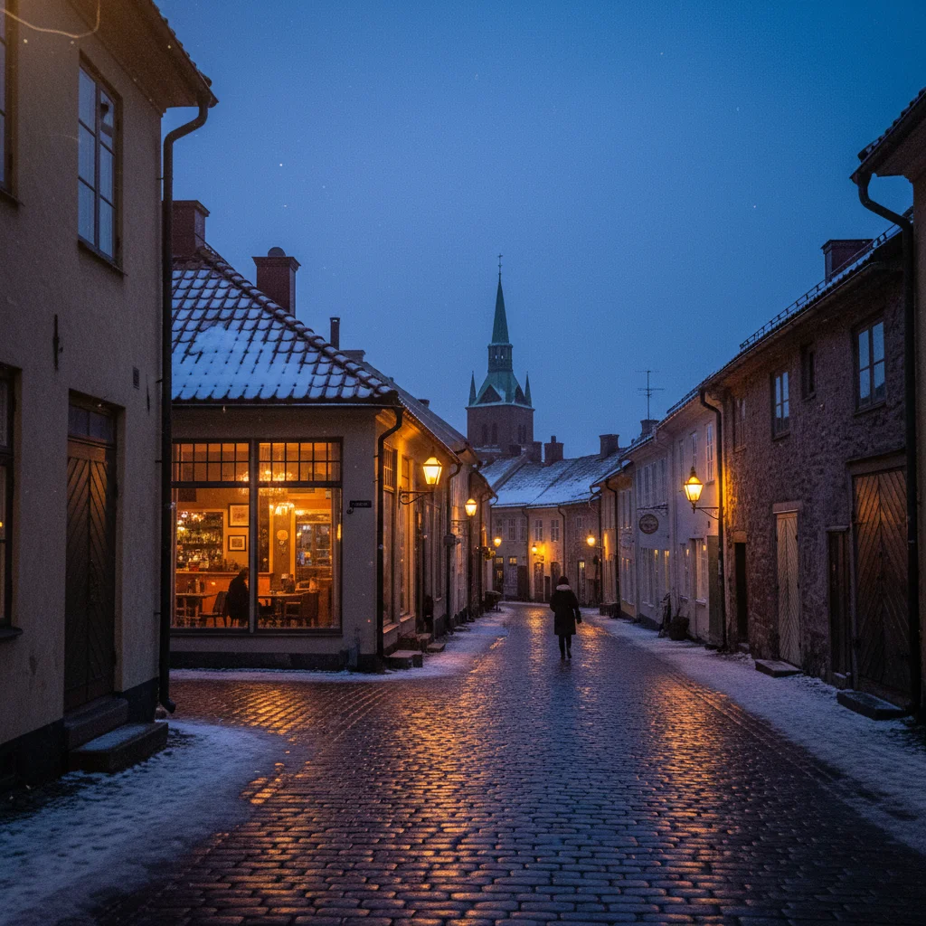 Blaue Stunde in finnischer Winterlandschaft mit Schnee und Bäumen