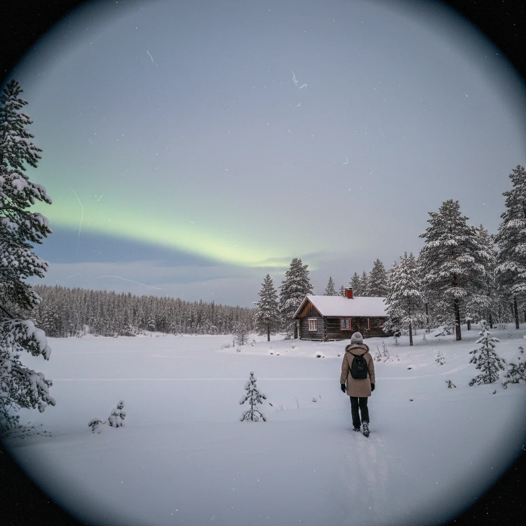 Nordlichter über einem finnischen See mit Spiegelung