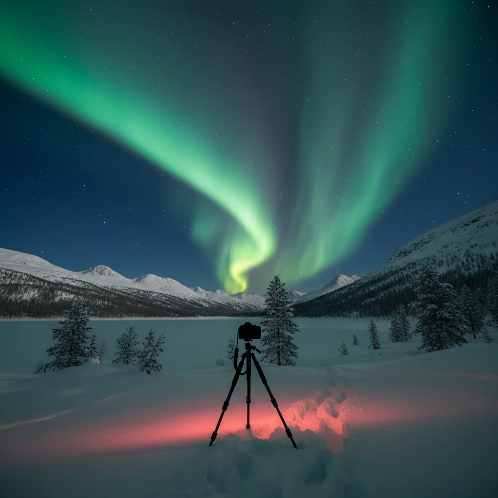 Kamera auf Stativ fotografiert Nordlichter über norwegischer Landschaft