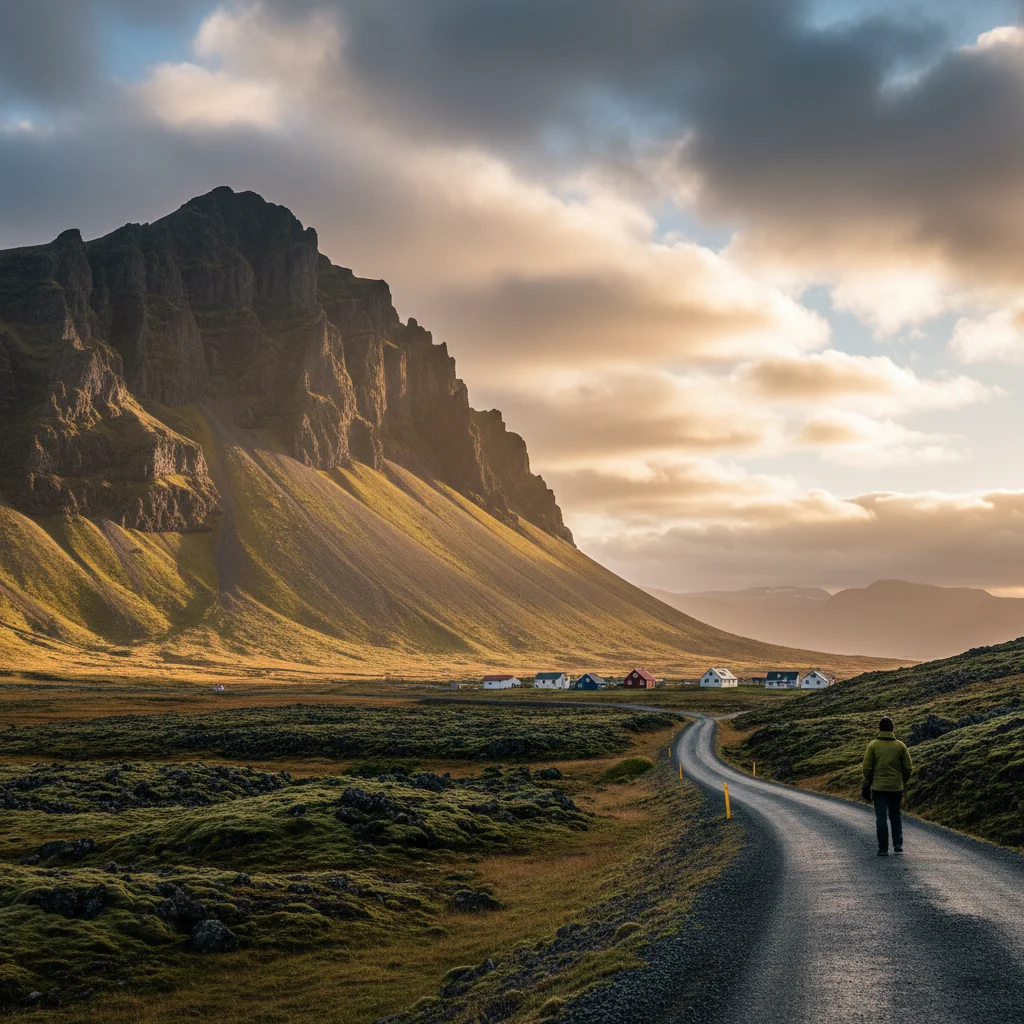 Dramatische Landschaft in Island mit Berg, Wolken und goldenem Licht
