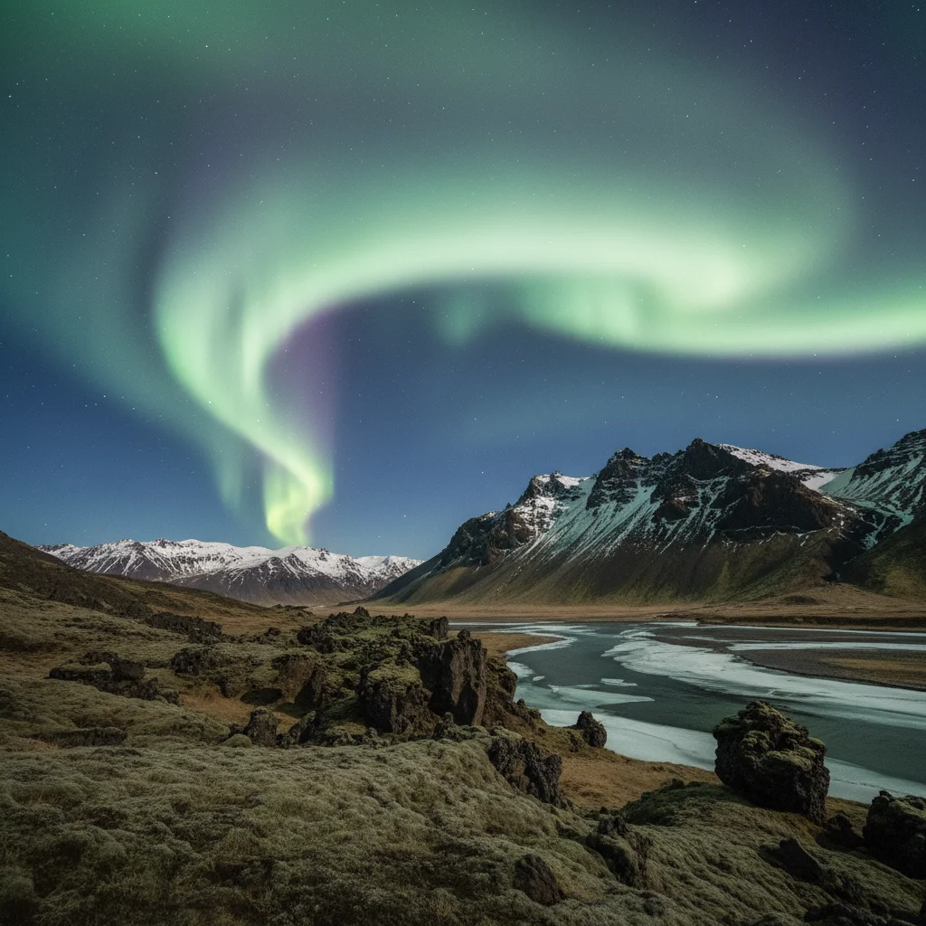 Nordlichter über isländischer Landschaft mit grünem Polarlicht am Himmel