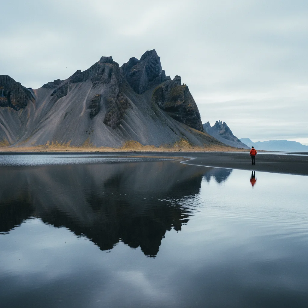 Vestrahorn-Berg in Stokksnes mit schwarzem Strand und Spiegelung im Wasser