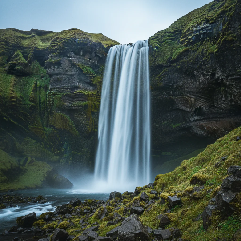 Wasserfall auf Island mit Langzeitbelichtung und seidigem Wassereffekt