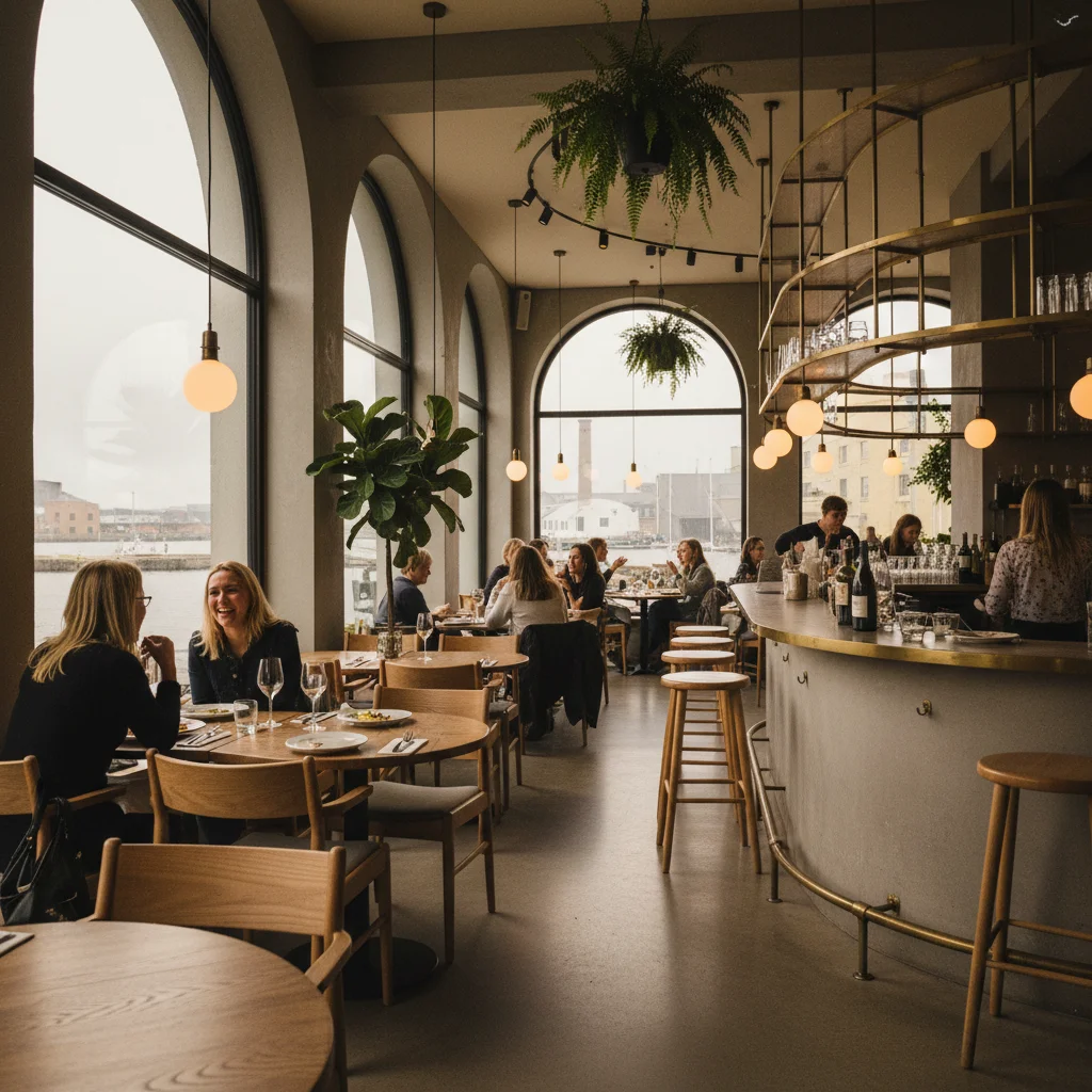 Restaurant im Fotografiska mit Blick durch große Fenster auf den Stockholmer Hafen