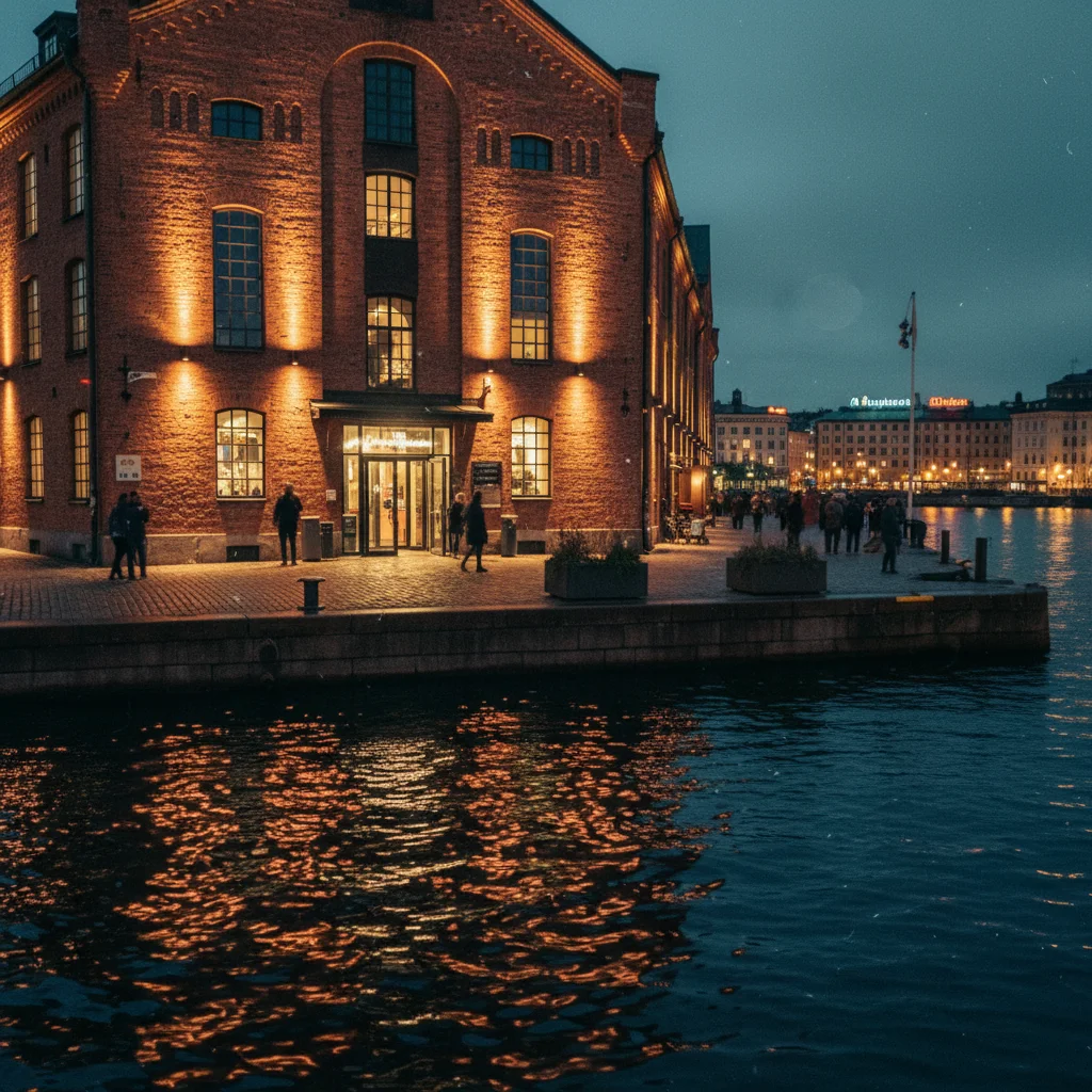 Das Fotografiska-Gebäude am Abend, beleuchtet am Stockholmer Kai