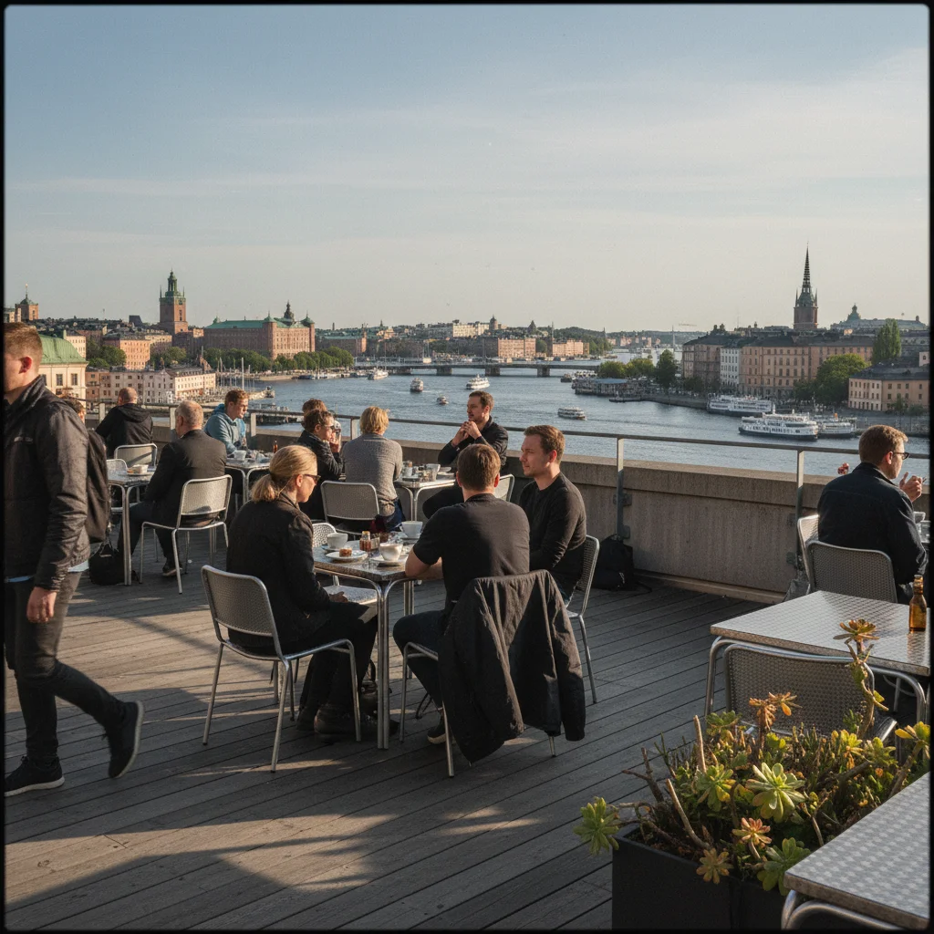 Blick von der Dachterrasse des Fotografiska über den Stockholmer Hafen