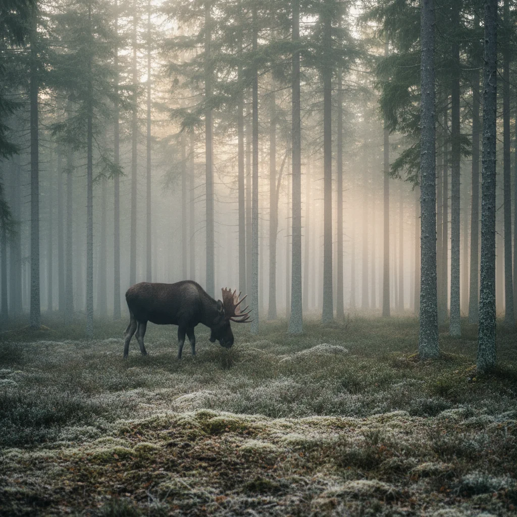 Elch am Waldrand im Morgennebel in Mittelschweden