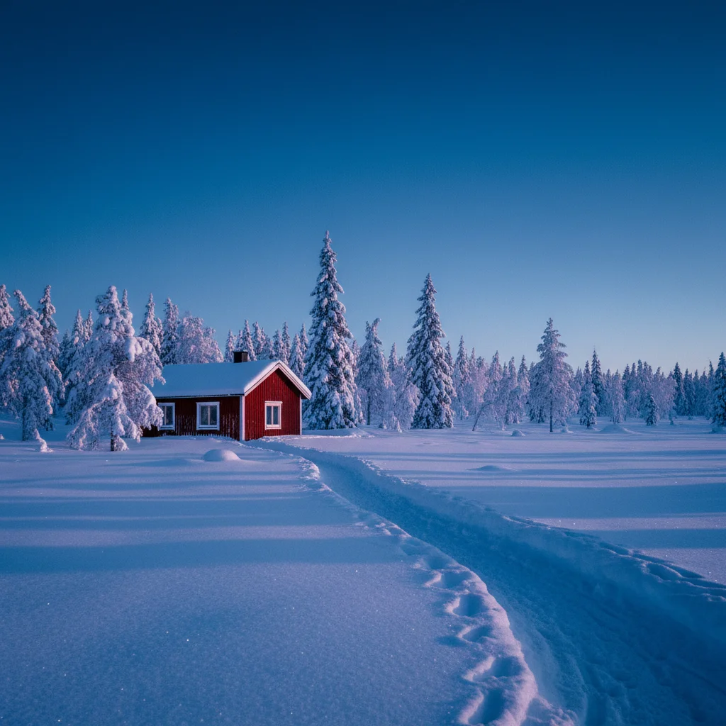 Verschneite Winterlandschaft in Schwedisch-Lappland mit einzelner roter Hütte und blauem Licht