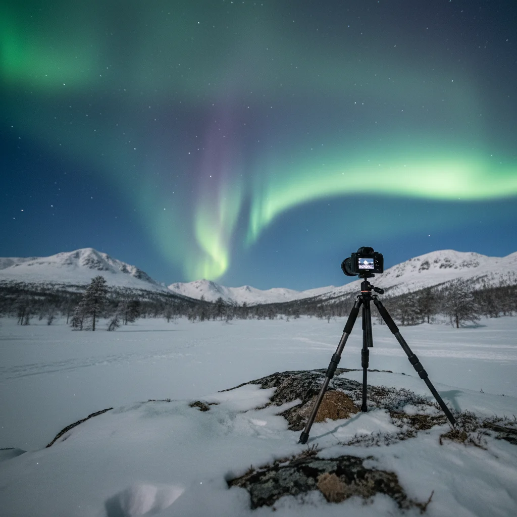 Kamera auf Stativ fotografiert Nordlichter über einer verschneiten Landschaft in Schwedisch-Lappland