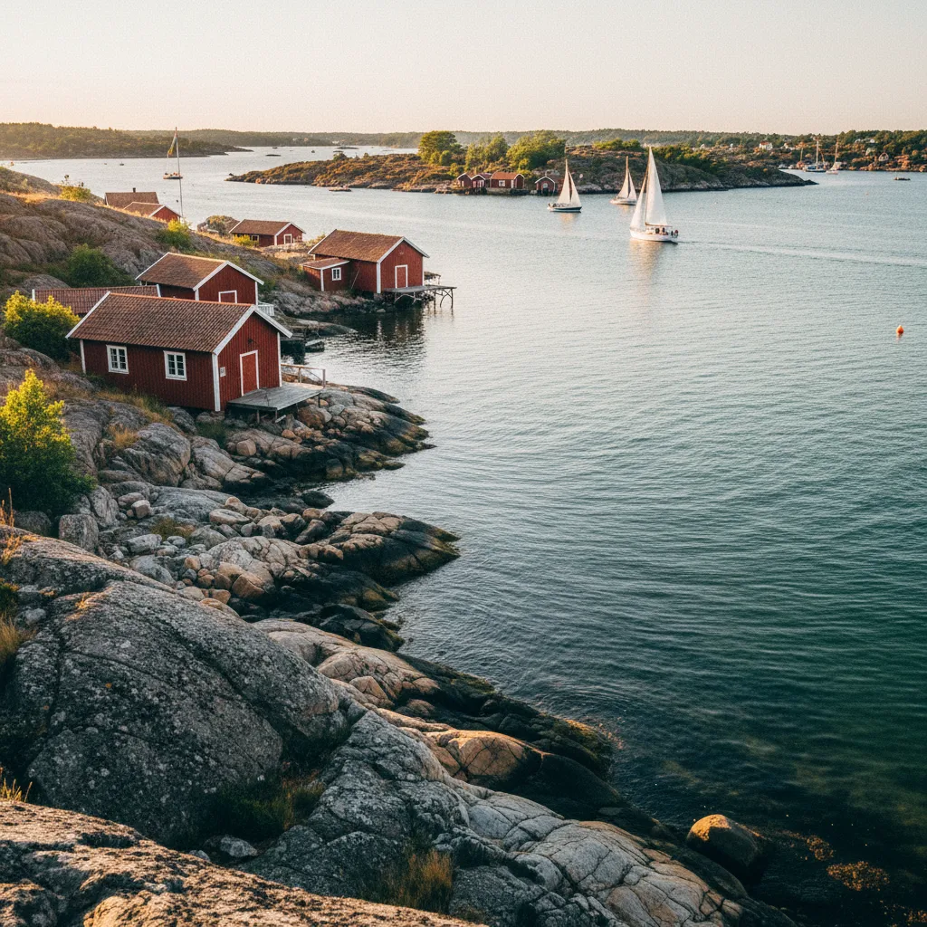Schwedische Schären im Sommerlicht mit roten Holzhäusern und Segelbooten
