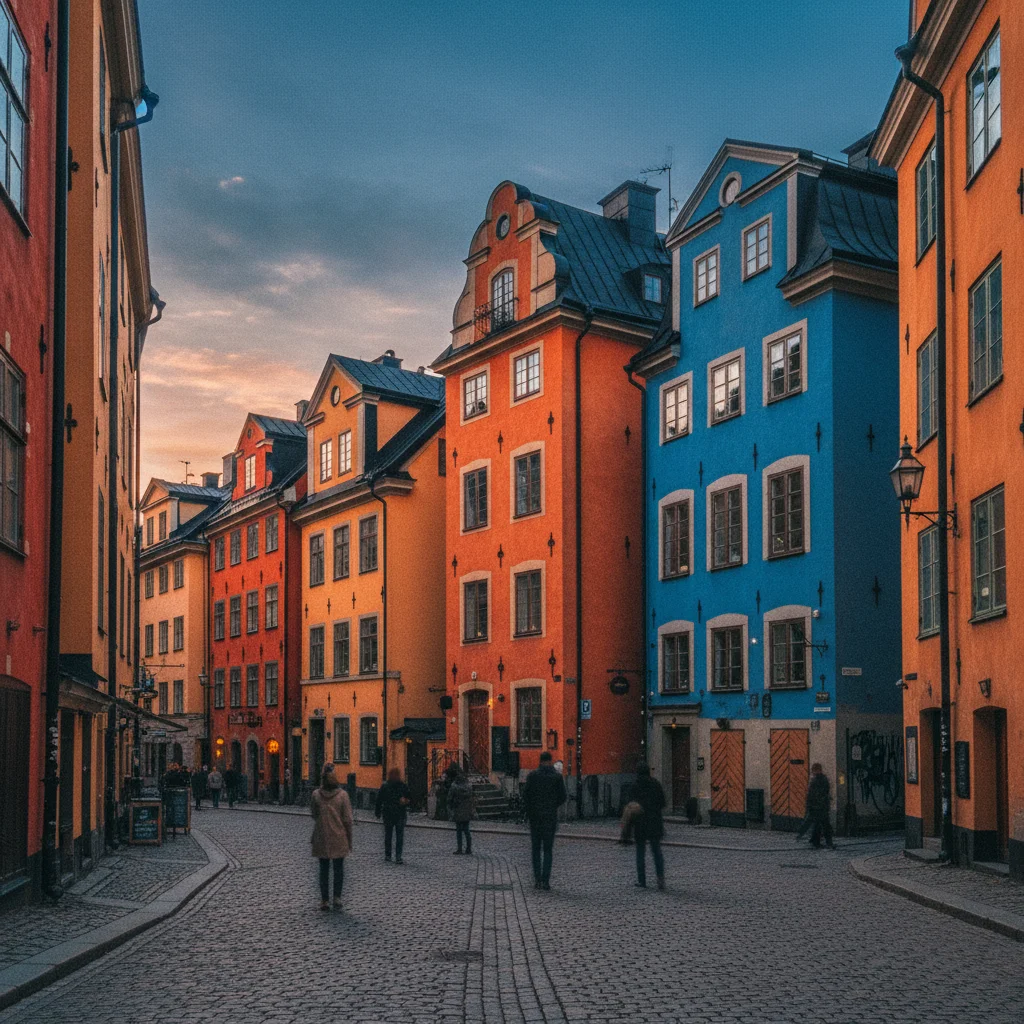 Abendstimmung in der Altstadt Gamla Stan in Stockholm mit bunten Hausfassaden