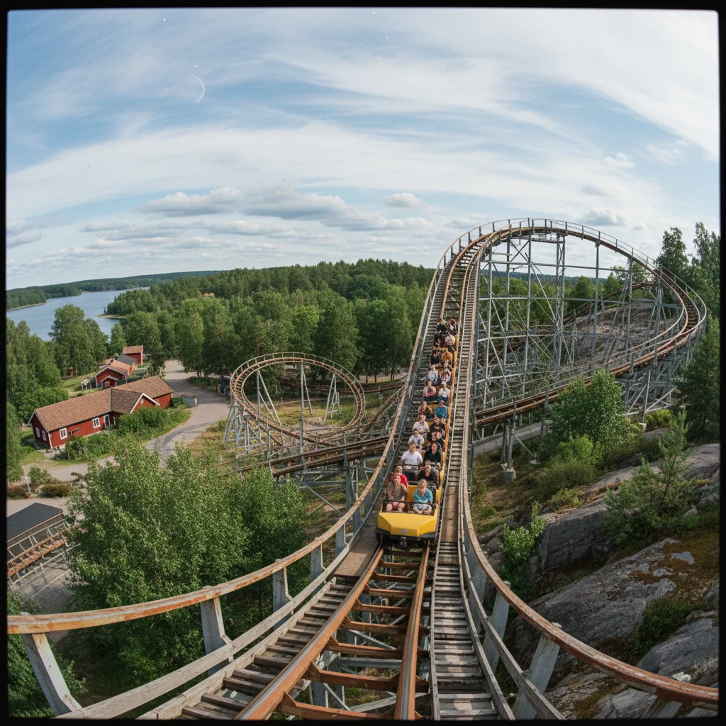 Achterbahn in einem norwegischen Freizeitpark vor blauem Himmel