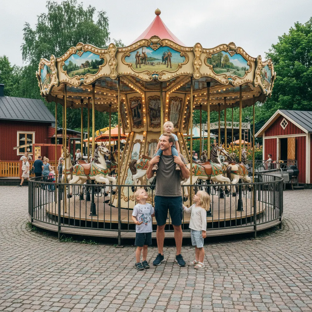 Familie mit Kindern vor einem Karussell in einem skandinavischen Freizeitpark