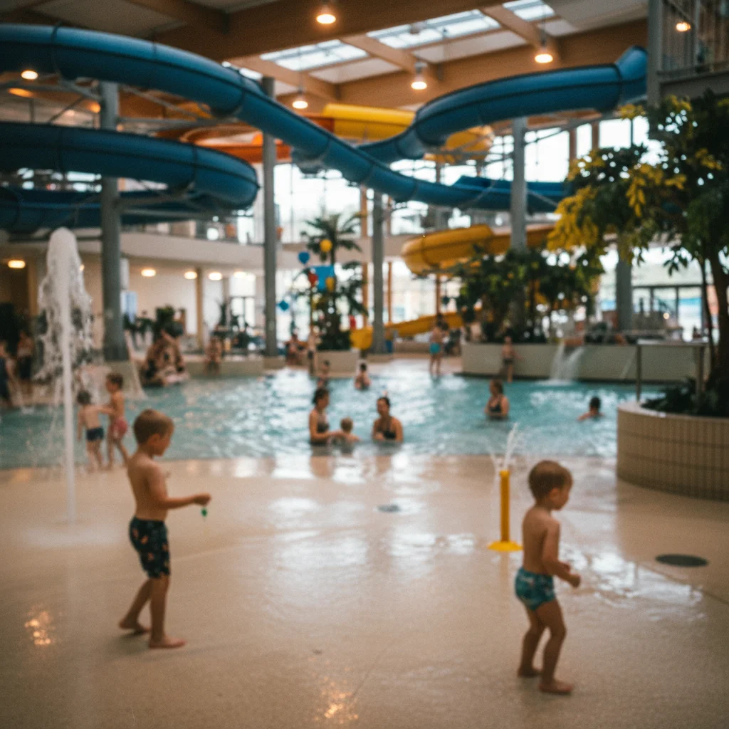 Wasserrutschen in einem schwedischen Wasserpark mit Wellenbecken und Kinderbereich