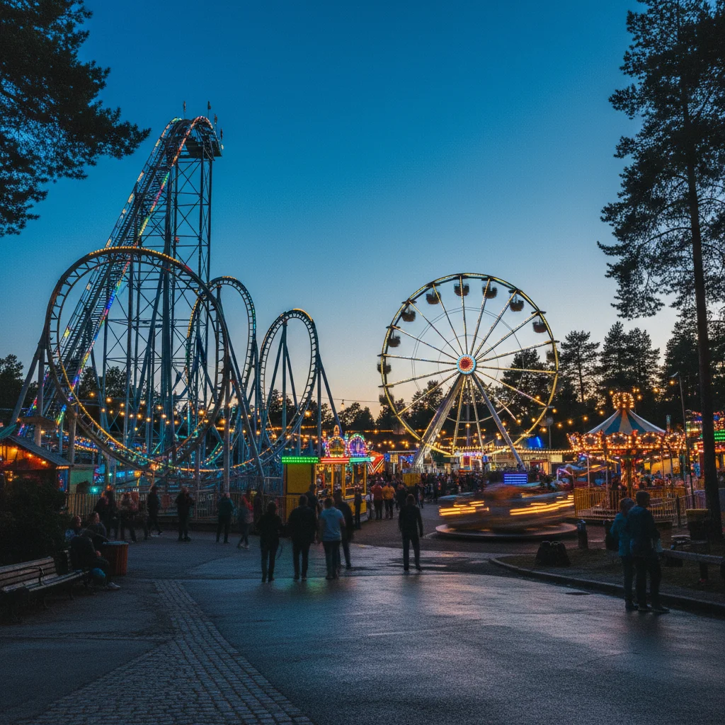 Blick auf einen skandinavischen Freizeitpark mit Achterbahnen und bunten Lichtern